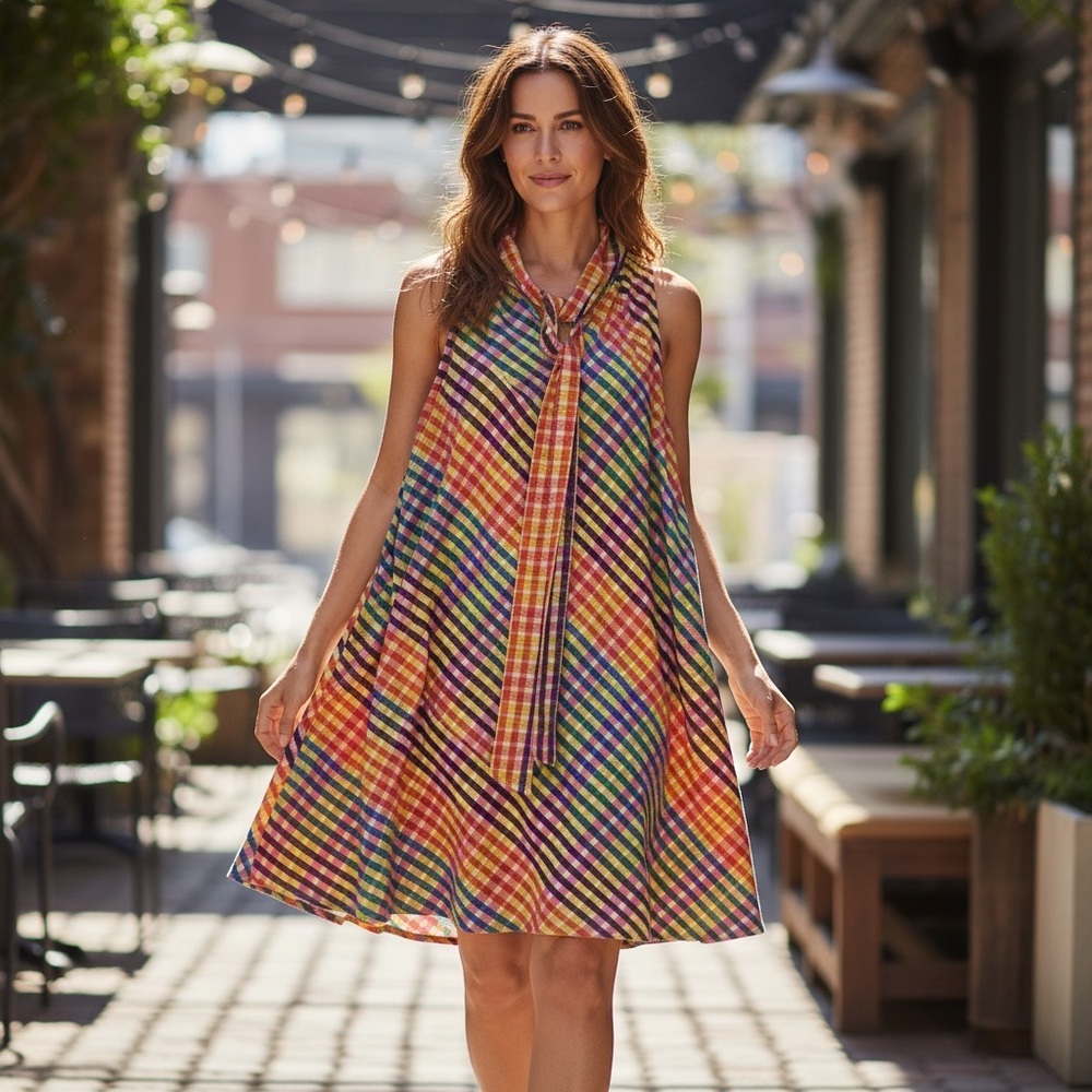 J. Crew  Women’s rainbow gingham tie neck shift dress Multicolor Size 8